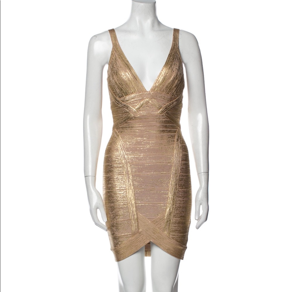‼️MOVING SALE E.M.G‼️ Herve Leger Gold Champagne bodycon cocktail dress